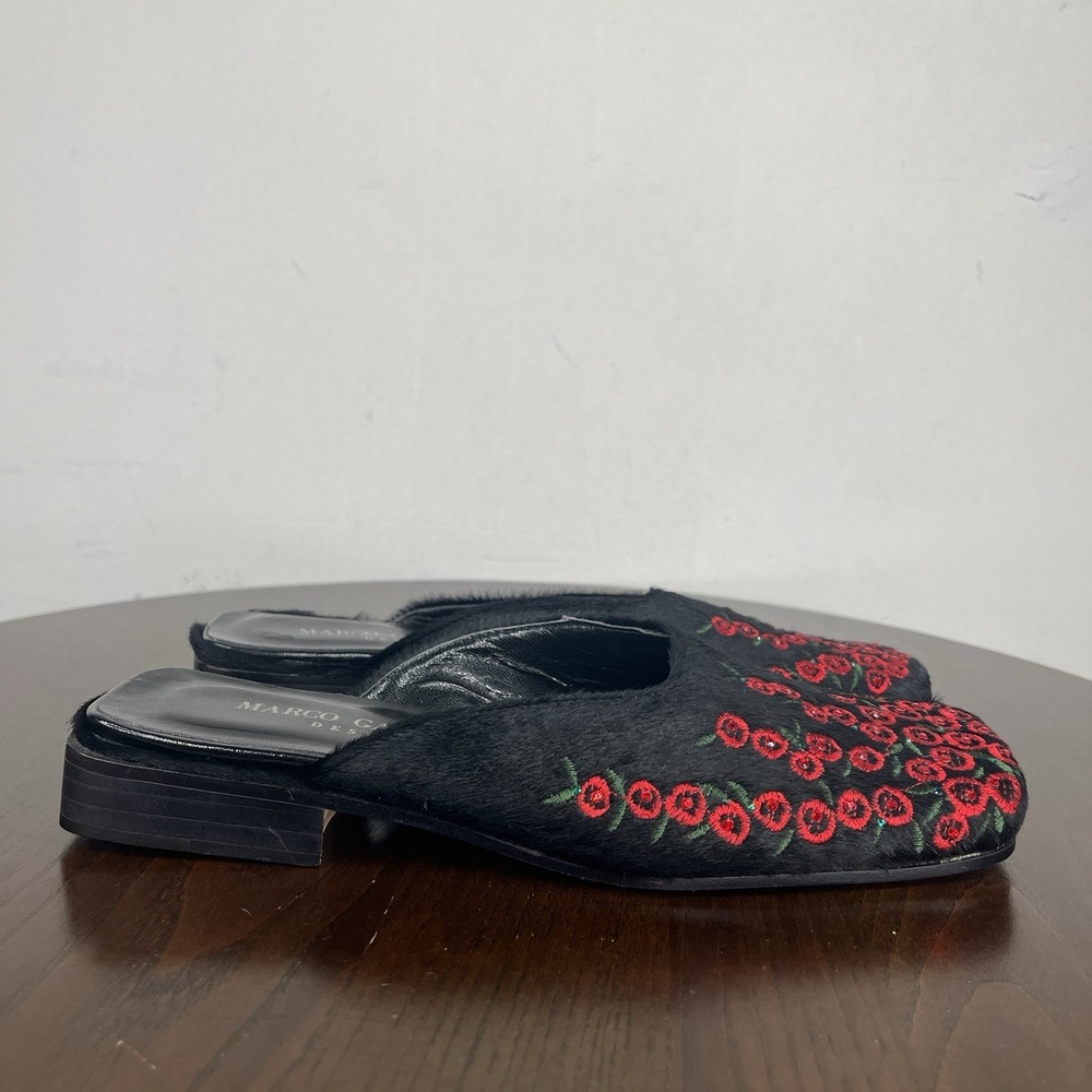 Marco Gambassi Mule Shoes Women's 37 / 7 Black Red Fur-Like Flower Embroidery - Picture 4 of 16